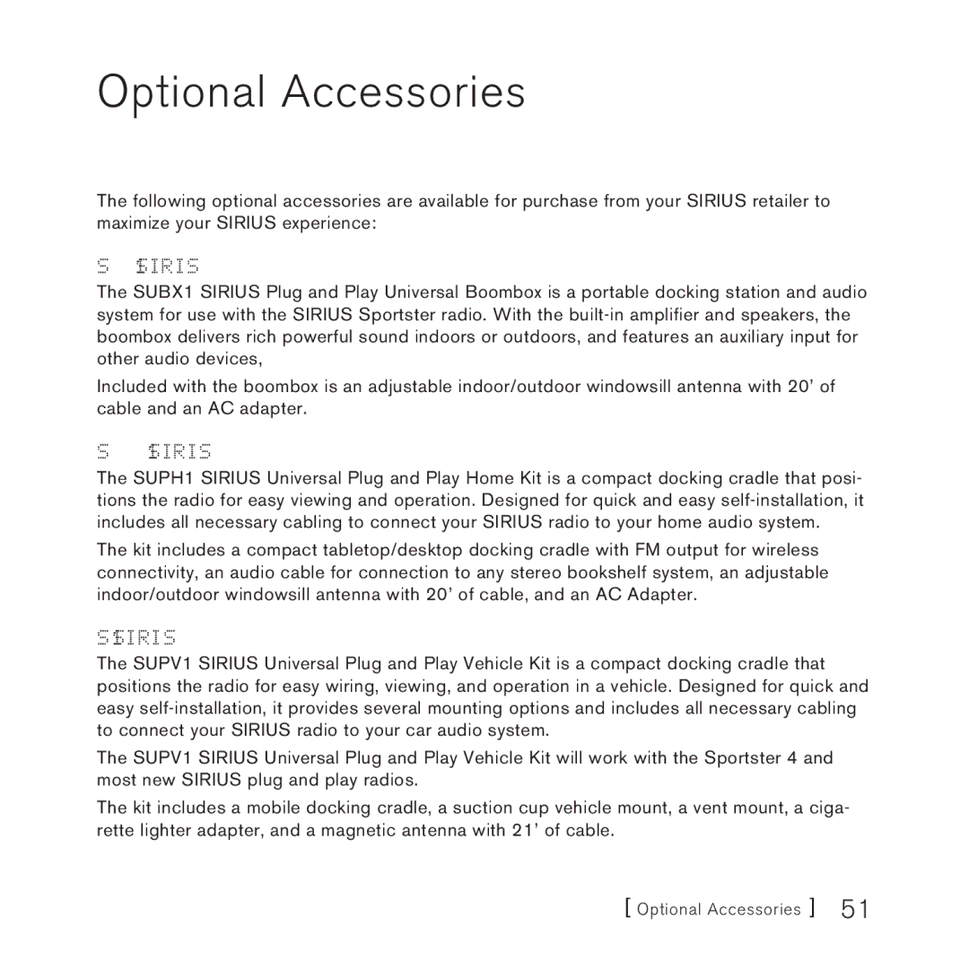 Sirius Satellite Radio 3 manual Optional Accessories, SUBX1 Sirius Plug and Play Universal Boombox 