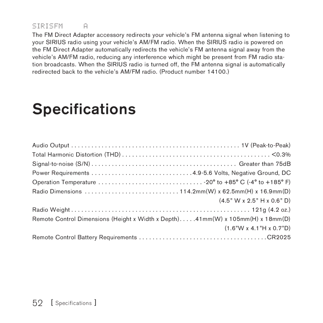 Sirius Satellite Radio 3 manual Specifications, Sirius FM Direct Adapter 