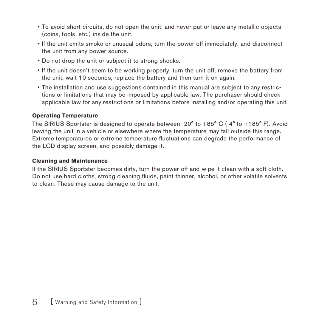 Sirius Satellite Radio 3 manual Operating Temperature, Cleaning and Maintenance 