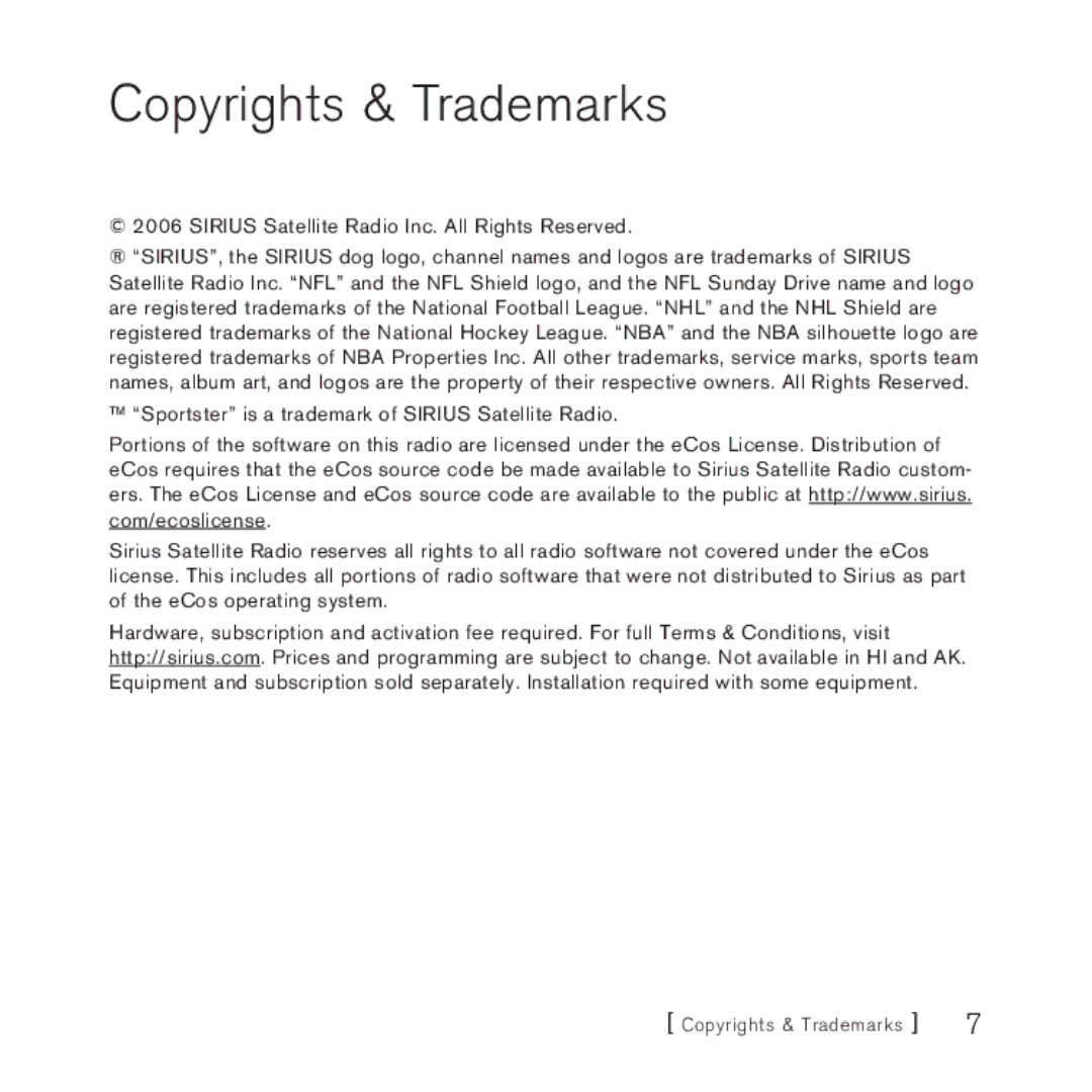 Sirius Satellite Radio 3 manual Copyrights & Trademarks 