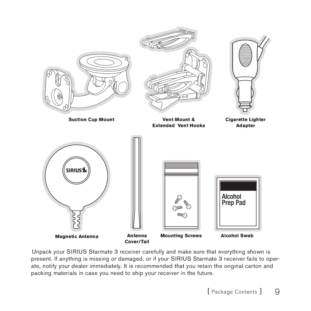 Sirius Satellite Radio 3 manual Package Contents 