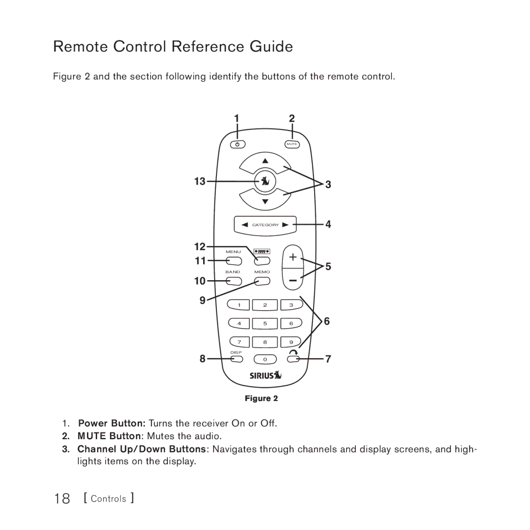 Sirius Satellite Radio 3 Remote Control Reference Guide, Section following identify the buttons of the remote control 