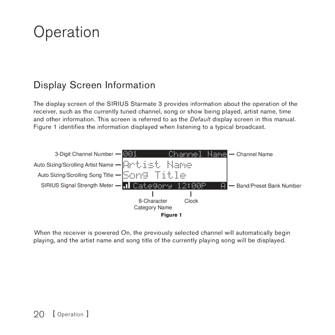 Sirius Satellite Radio 3 manual Operation, Display Screen Information 