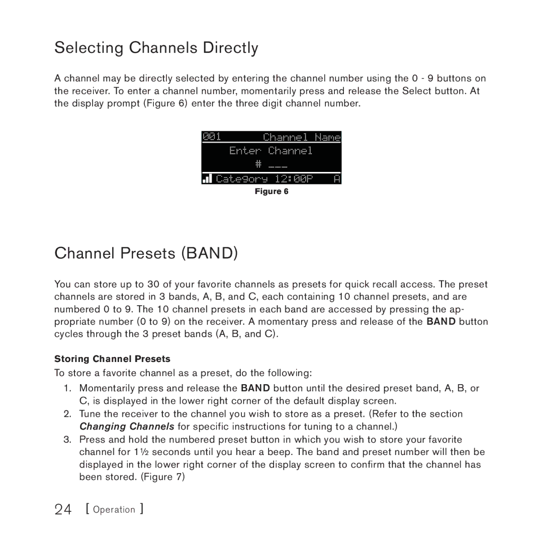 Sirius Satellite Radio 3 manual Selecting Channels Directly, Channel Presets Band 