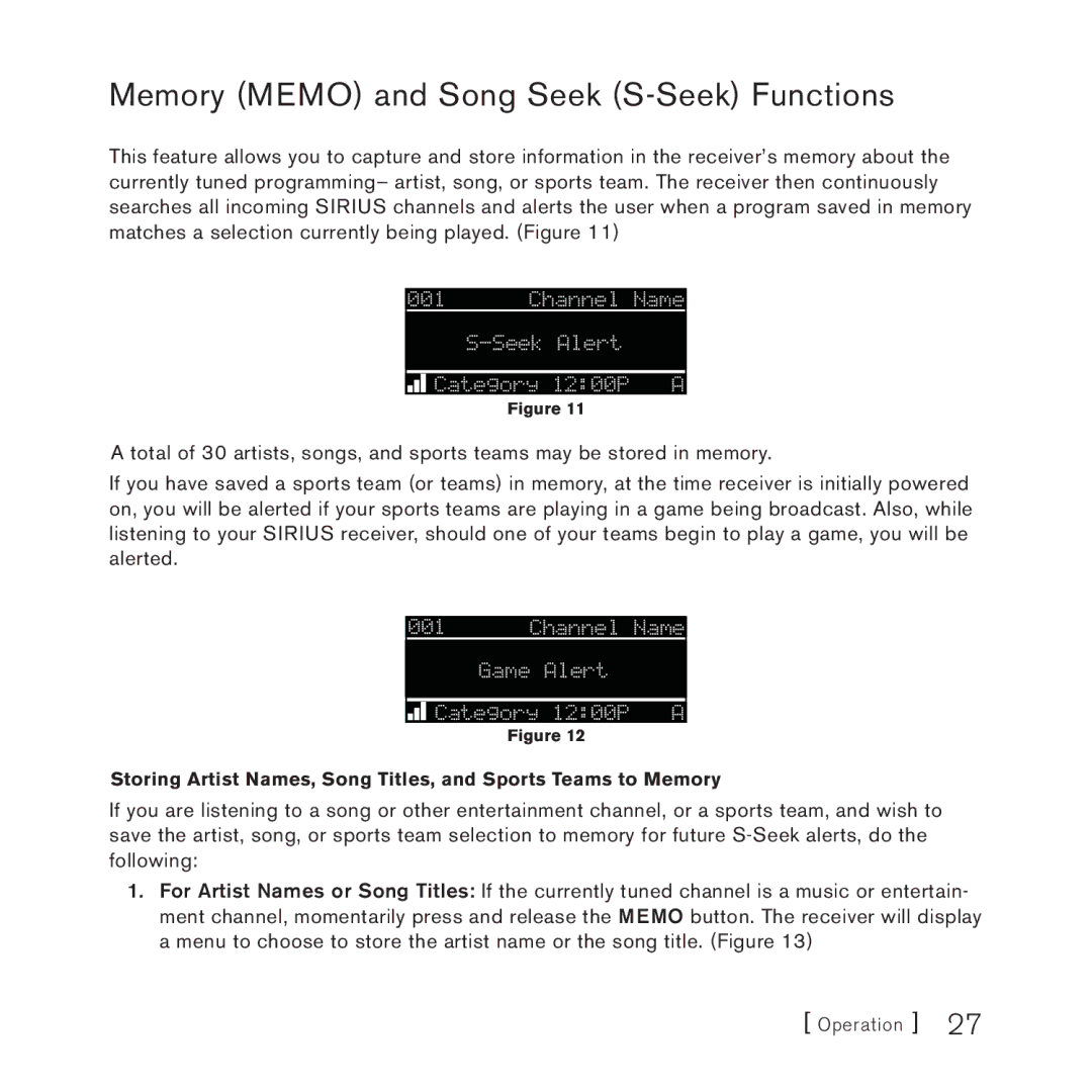 Sirius Satellite Radio 3 manual Memory Memo and Song Seek S-Seek Functions 