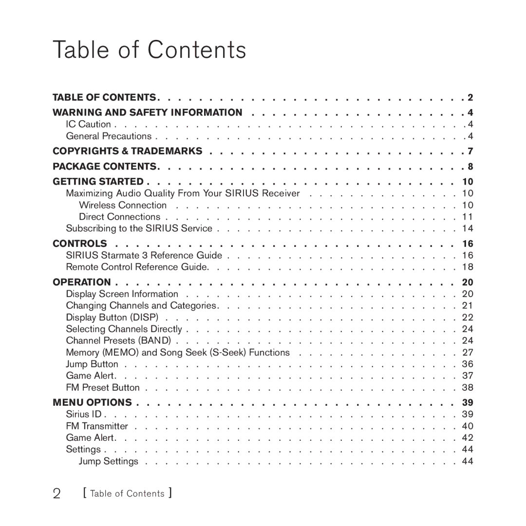 Sirius Satellite Radio 3 manual Table of Contents 