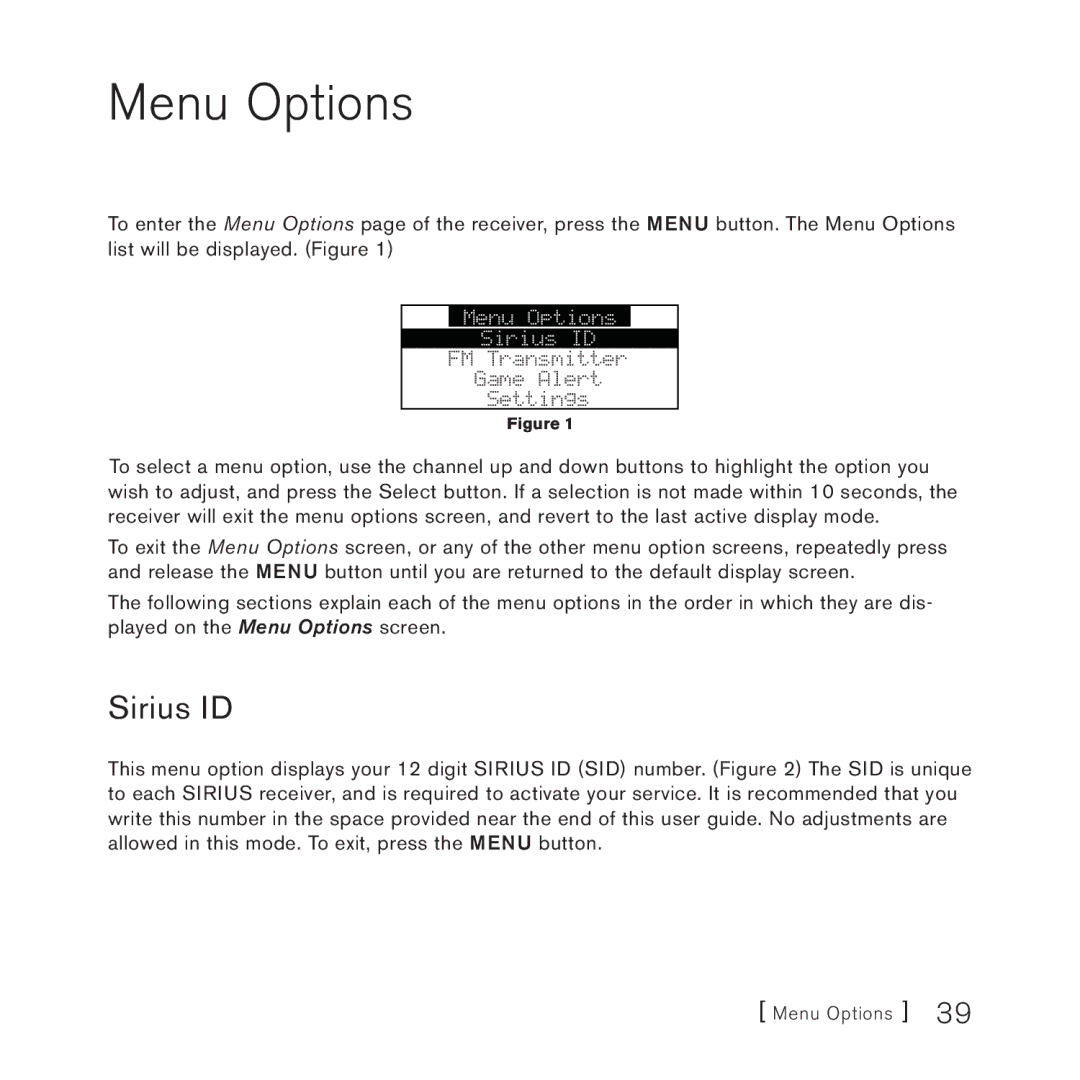 Sirius Satellite Radio 3 manual Menu Options, Sirius ID 