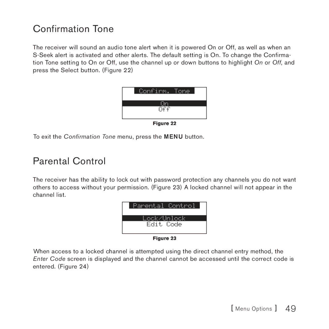 Sirius Satellite Radio 3 manual Confirmation Tone, Parental Control 