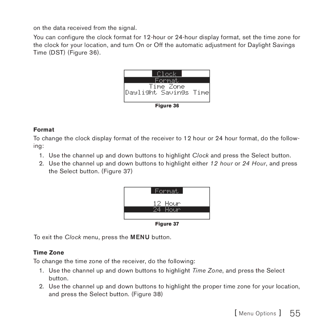 Sirius Satellite Radio 3 manual To exit the Clock menu, press the Menu button 