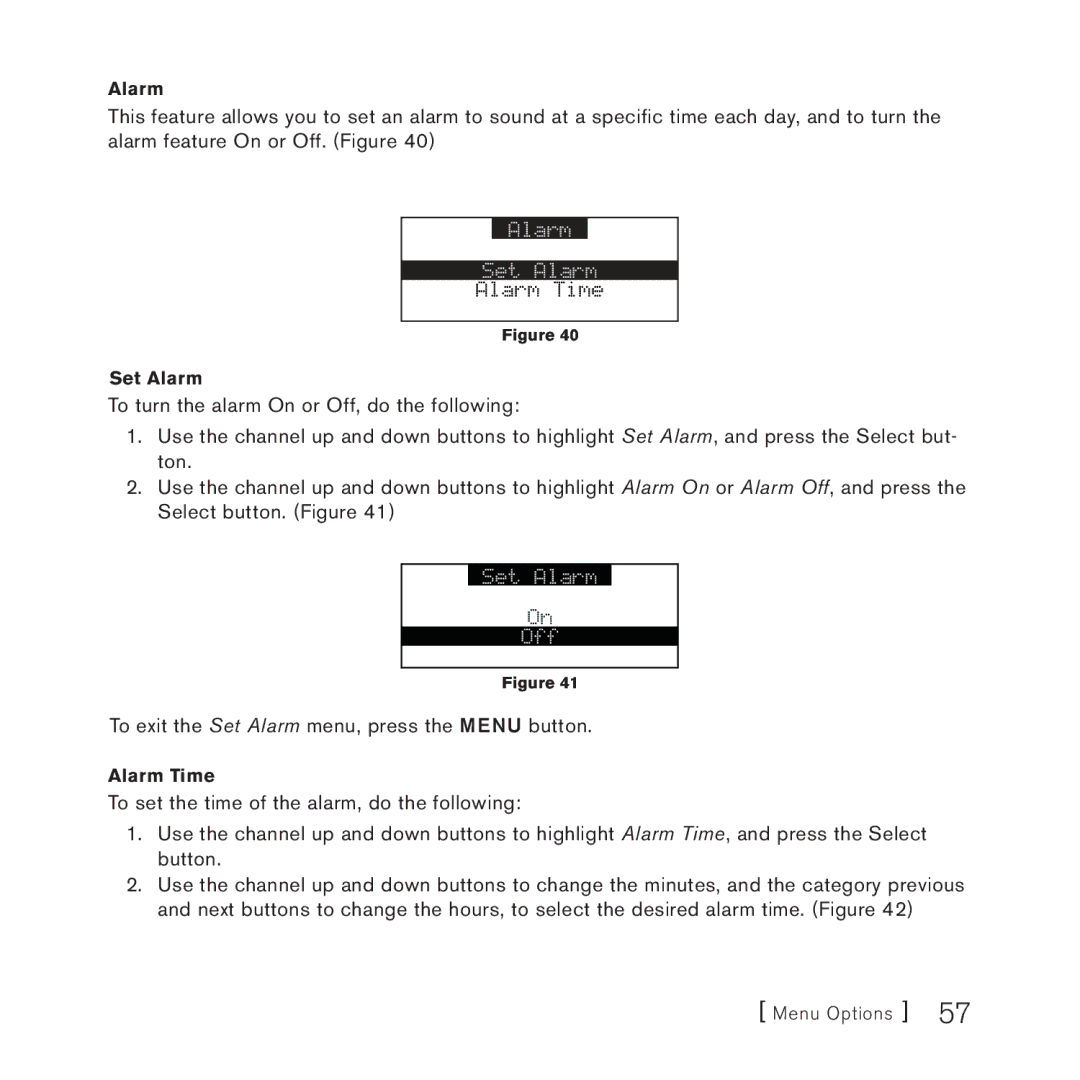 Sirius Satellite Radio 3 manual To exit the Set Alarm menu, press the Menu button 