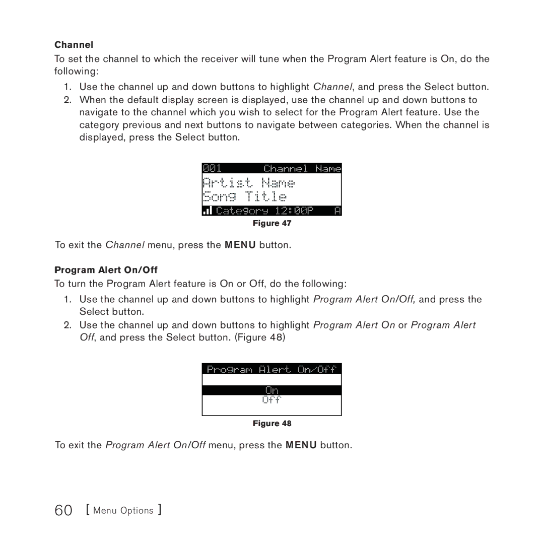 Sirius Satellite Radio 3 manual To exit the Channel menu, press the Menu button 