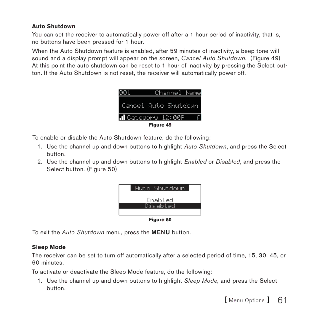 Sirius Satellite Radio 3 manual To exit the Auto Shutdown menu, press the Menu button 