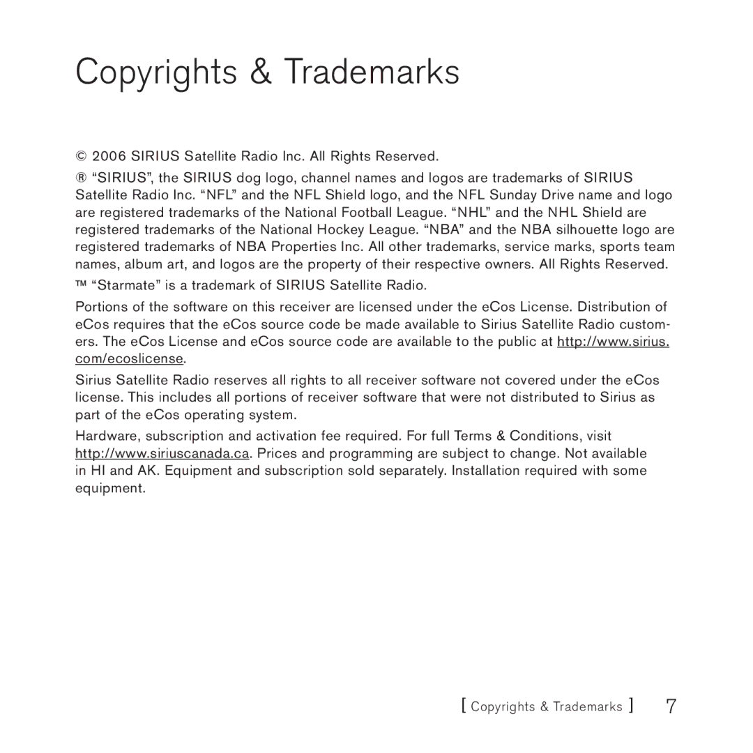 Sirius Satellite Radio 3 manual Copyrights & Trademarks 