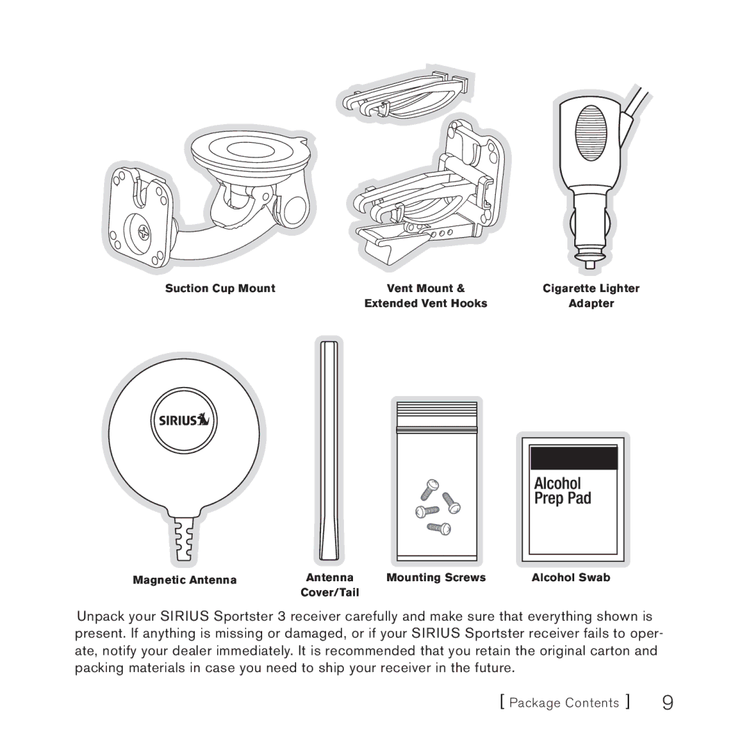 Sirius Satellite Radio 3 manual Package Contents 