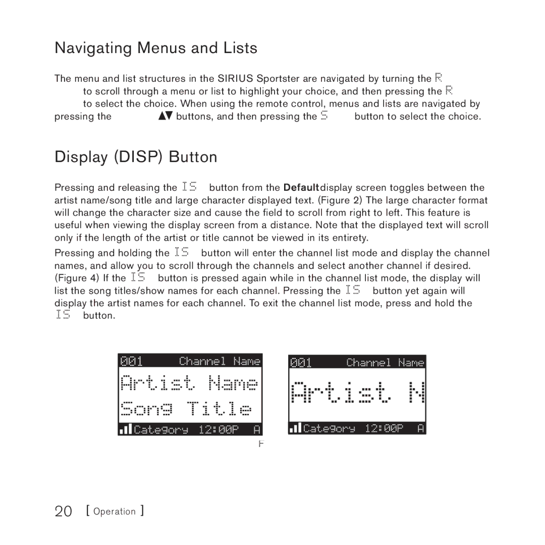 Sirius Satellite Radio 3 manual Navigating Menus and Lists, Display Disp Button 