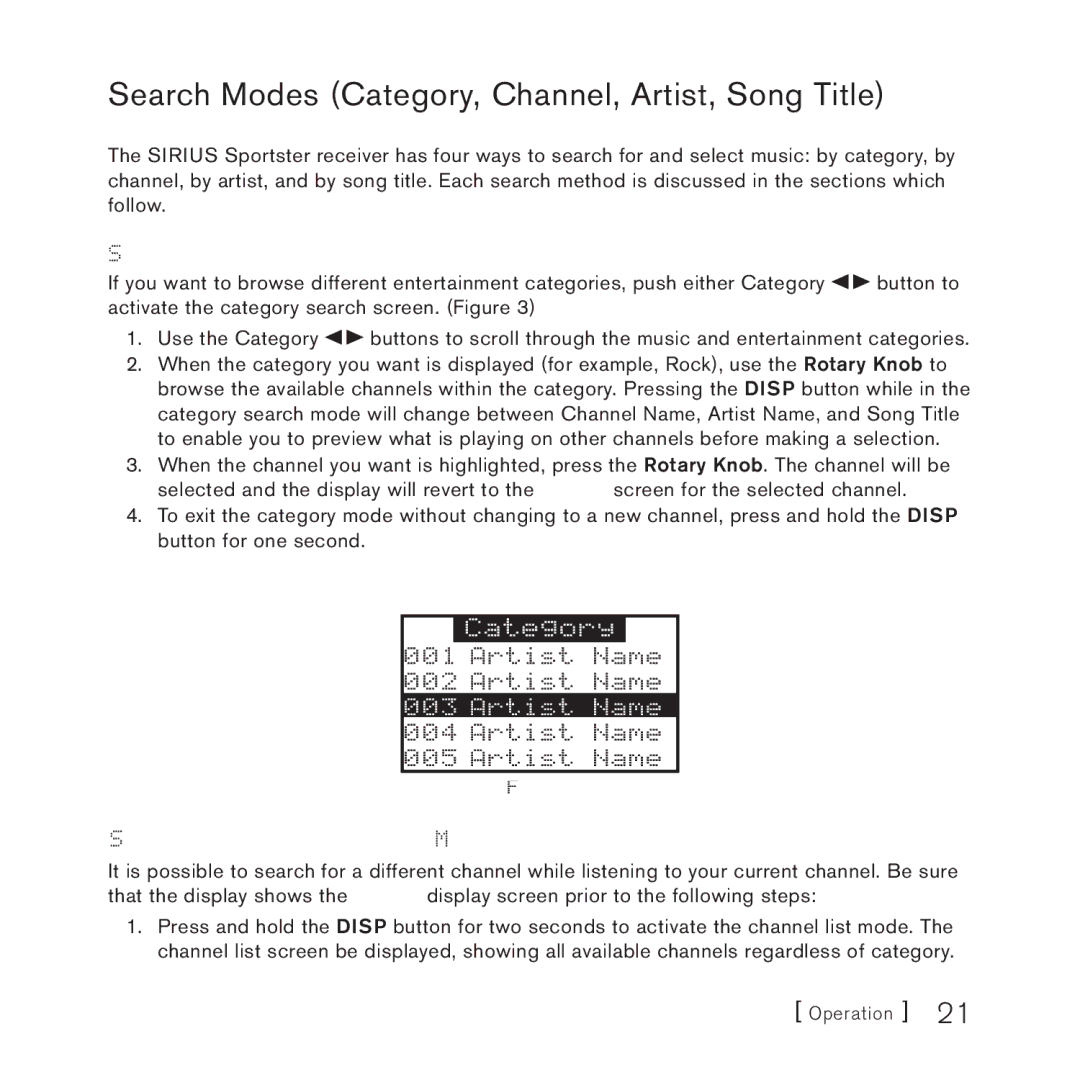 Sirius Satellite Radio 3 manual Search Modes Category, Channel, Artist, Song Title, Searching Categories 