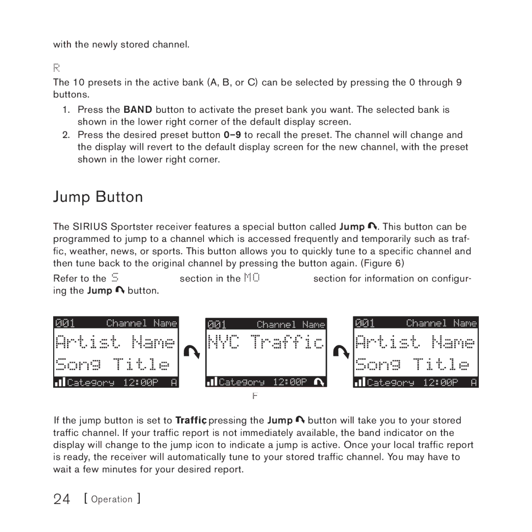 Sirius Satellite Radio 3 manual Jump Button, Recalling Channel Presets 