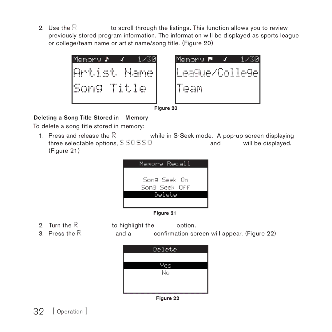 Sirius Satellite Radio 3 manual Deleting a Song Title Stored in Memory 