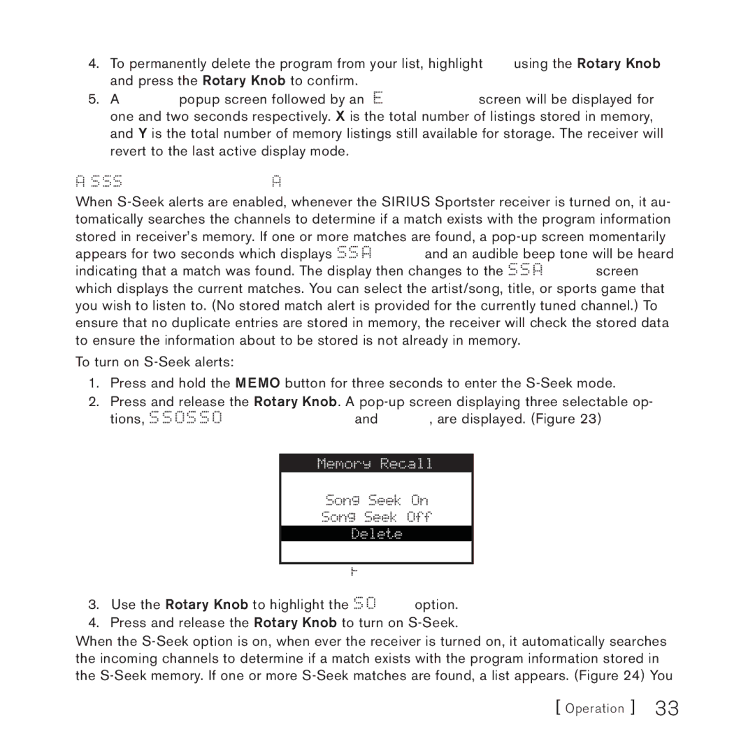 Sirius Satellite Radio 3 manual Activating the Song S-Seek Alert 