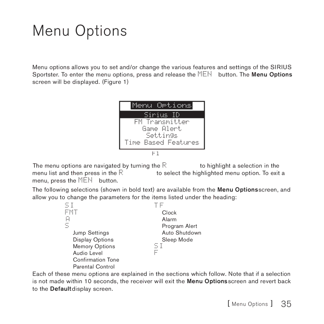 Sirius Satellite Radio 3 manual Menu Options 