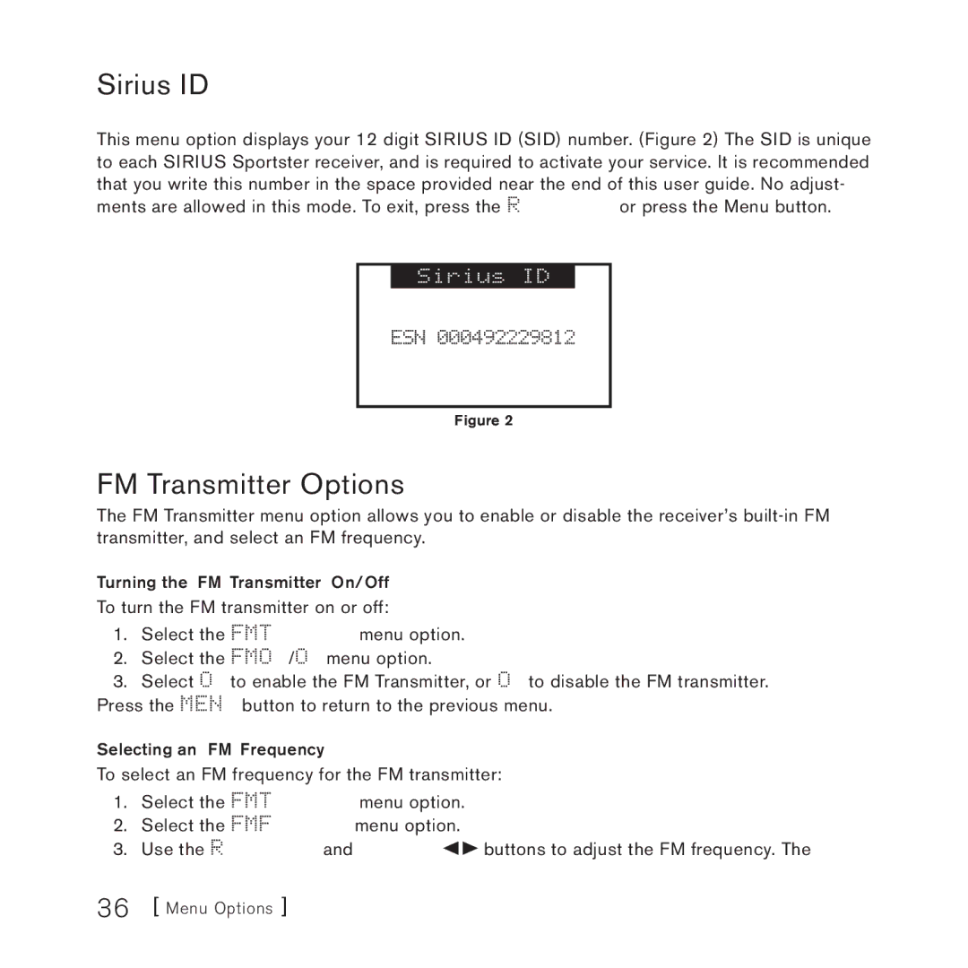 Sirius Satellite Radio 3 Sirius ID, FM Transmitter Options, Turning the FM Transmitter On/Off, Selecting an FM Frequency 