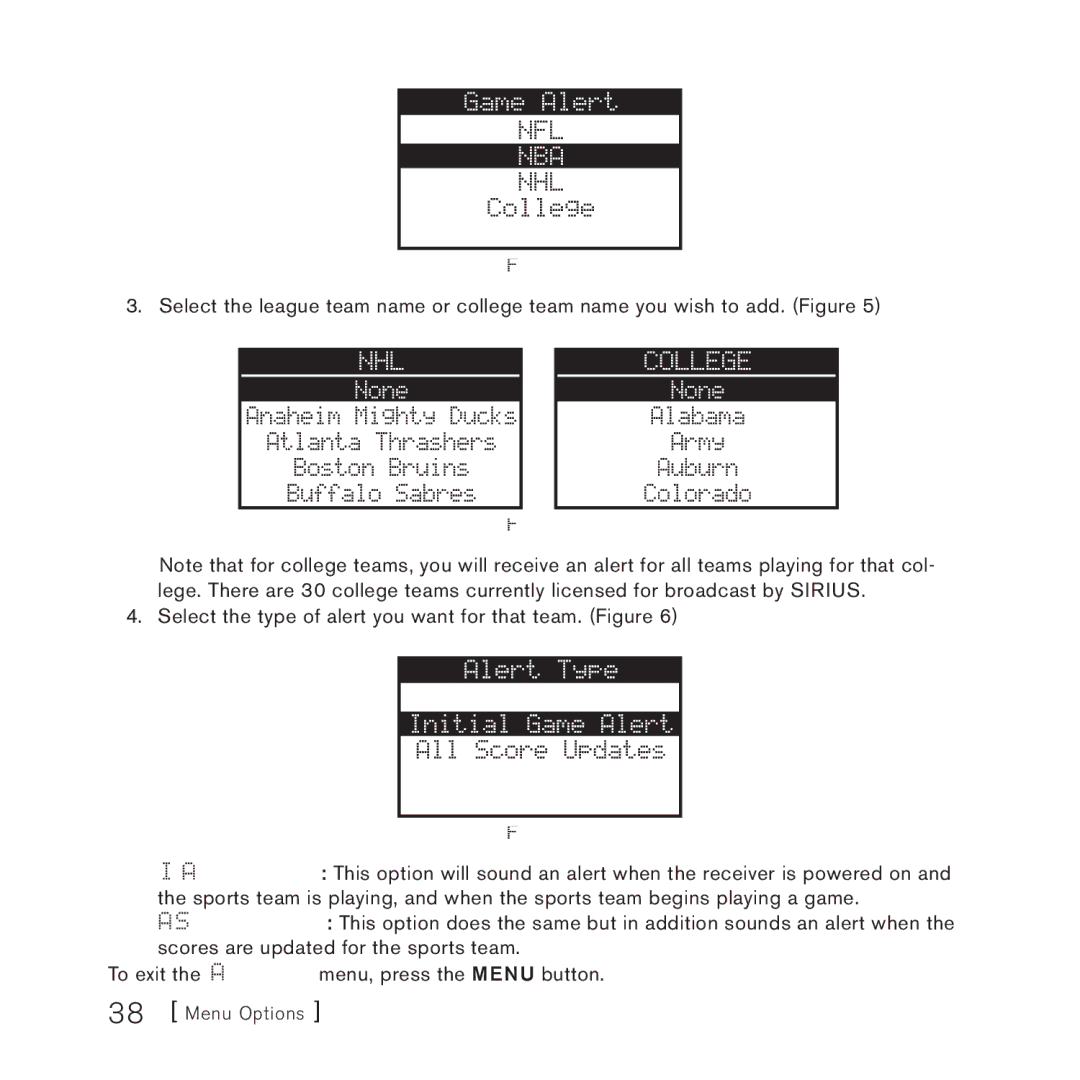 Sirius Satellite Radio 3 manual Menu Options 