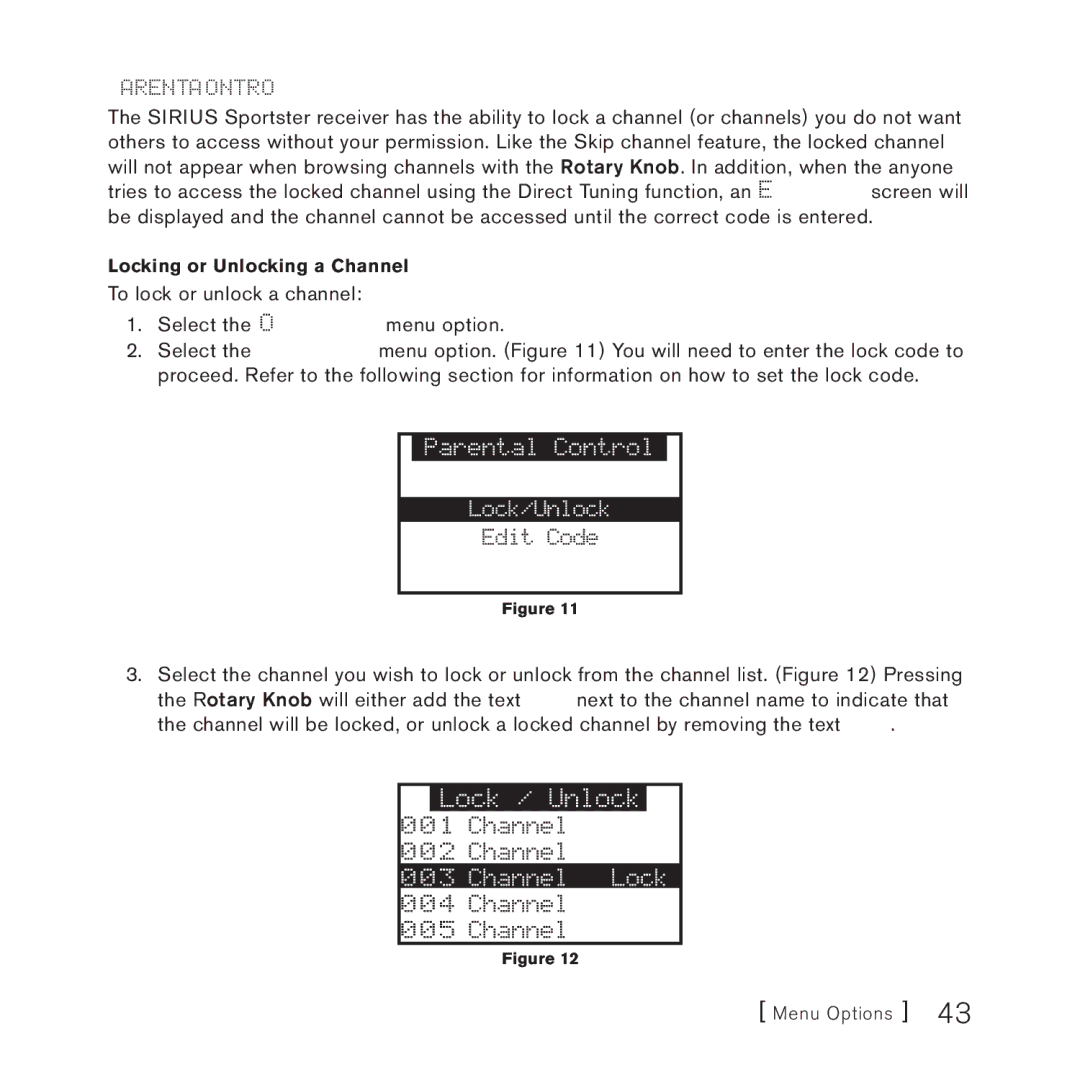 Sirius Satellite Radio 3 manual Parental Control, Locking or Unlocking a Channel 