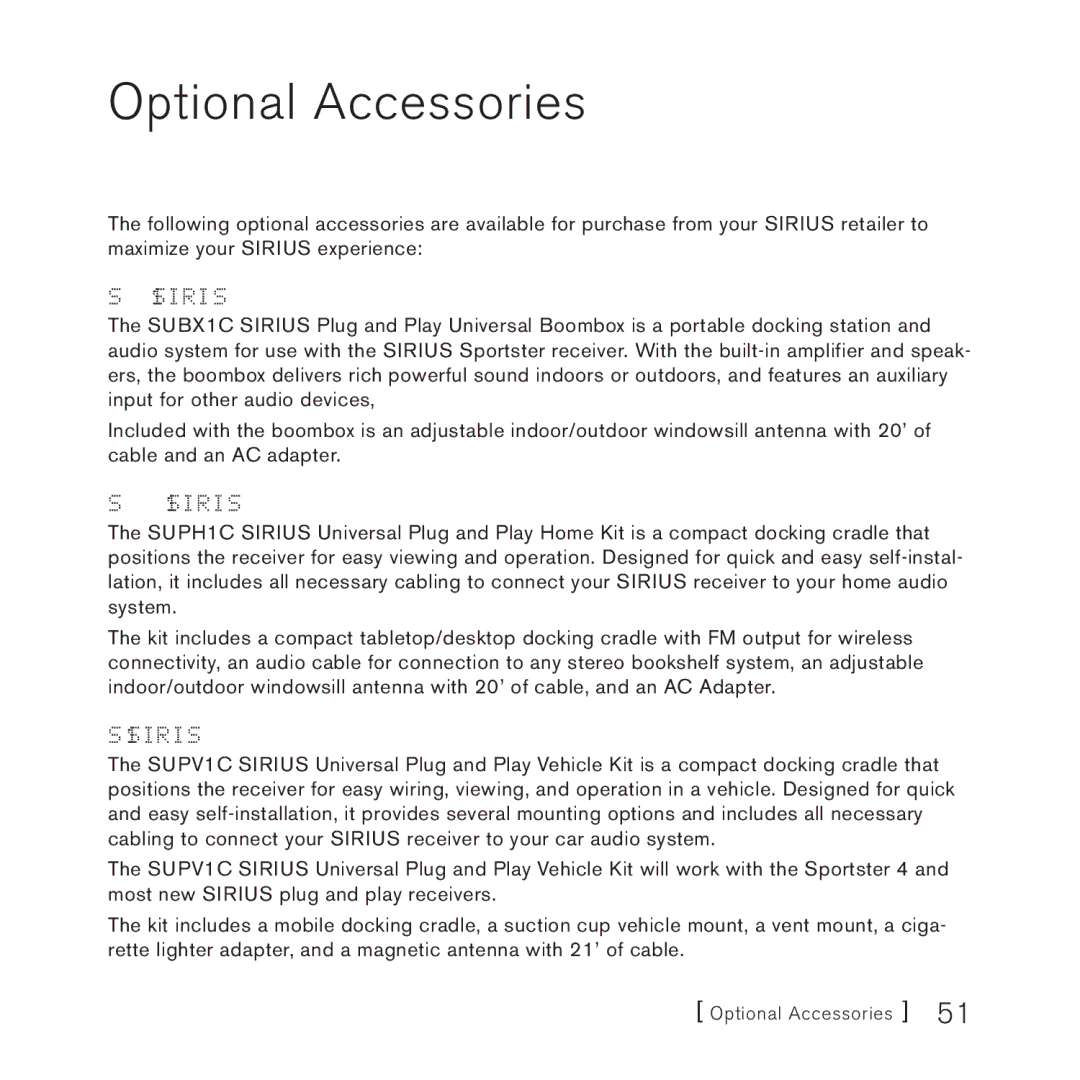 Sirius Satellite Radio 3 manual Optional Accessories, SUBX1C Sirius Plug and Play Universal Boombox 