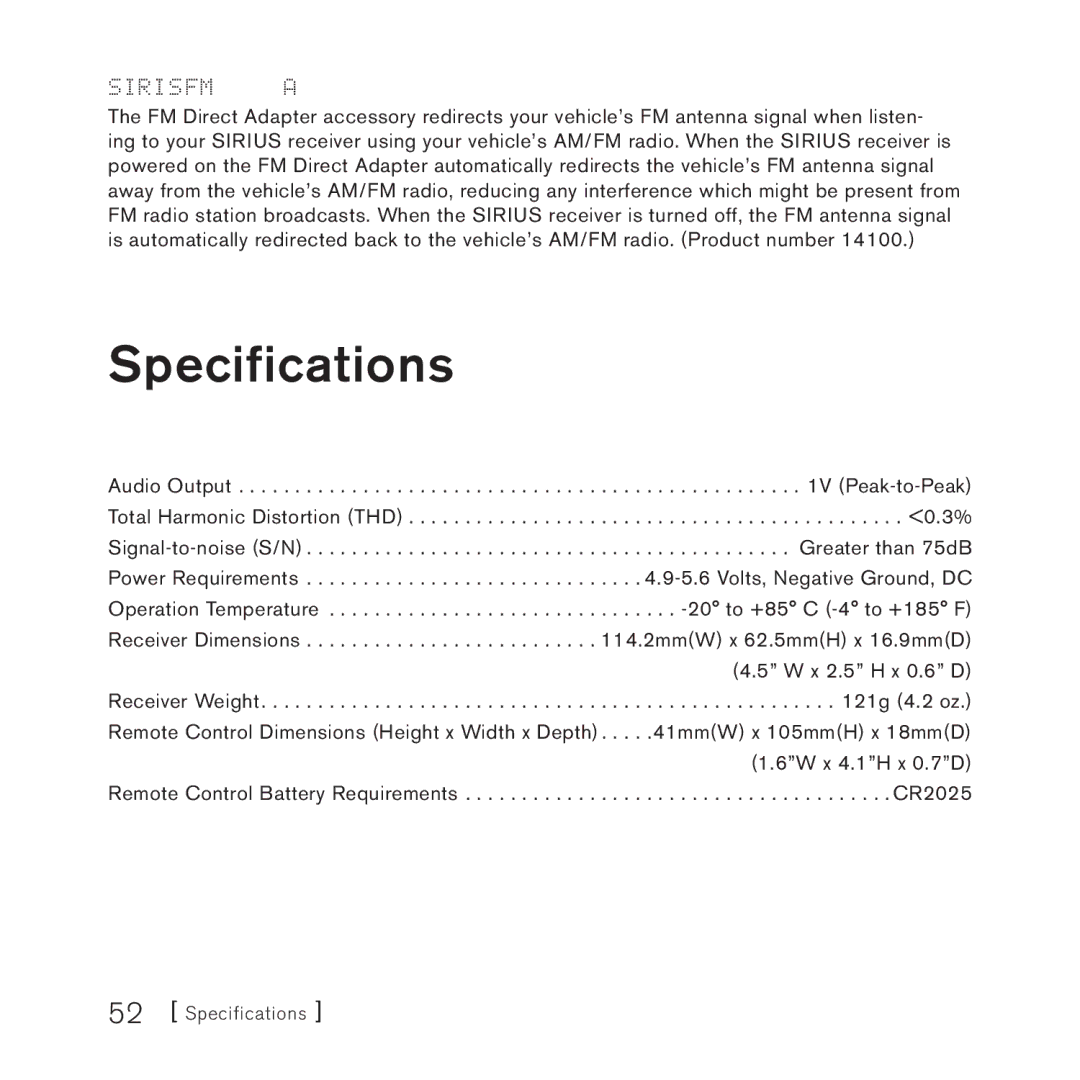 Sirius Satellite Radio 3 manual Specifications, Sirius FM Direct Adapter 