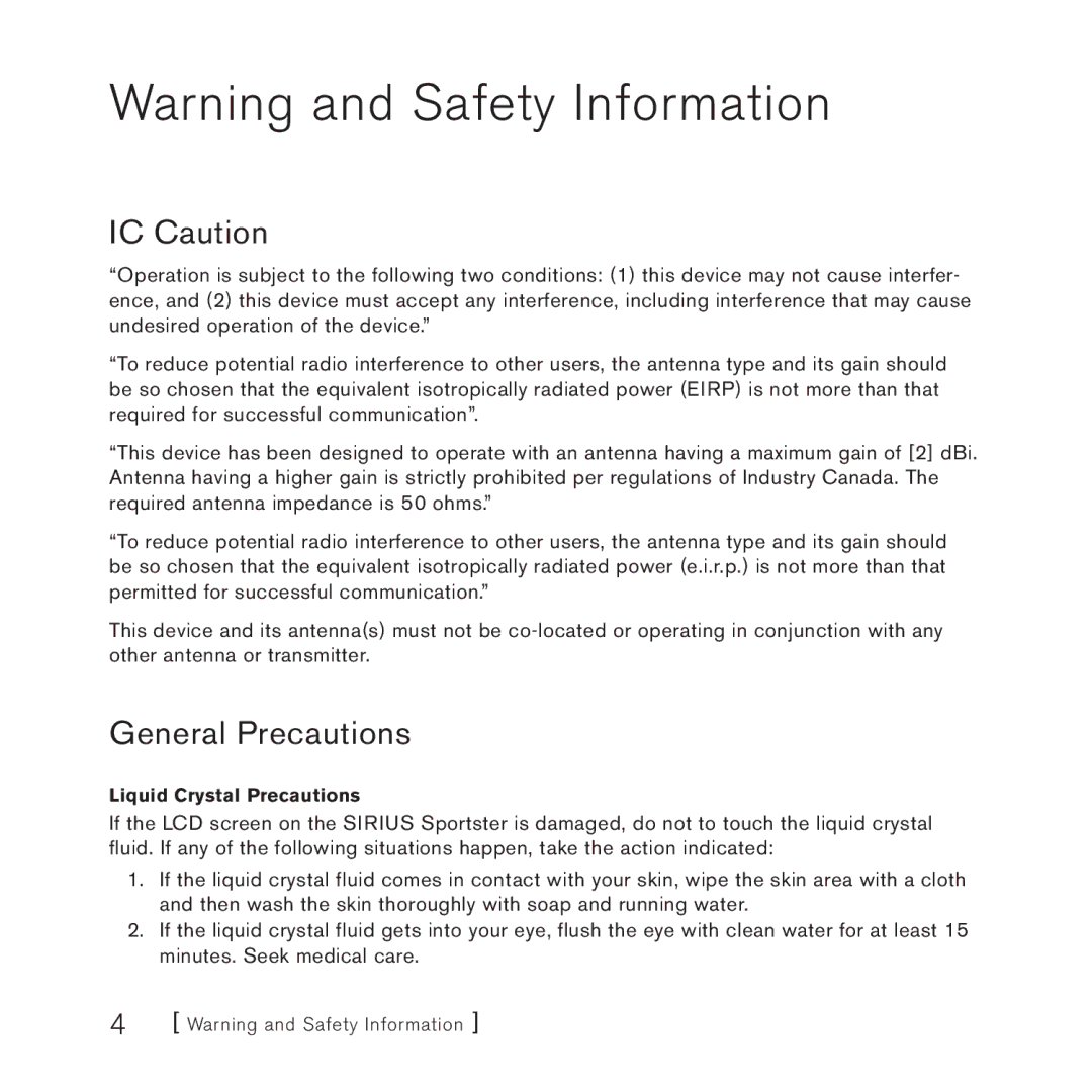 Sirius Satellite Radio 3 manual IC Caution, General Precautions, Liquid Crystal Precautions 