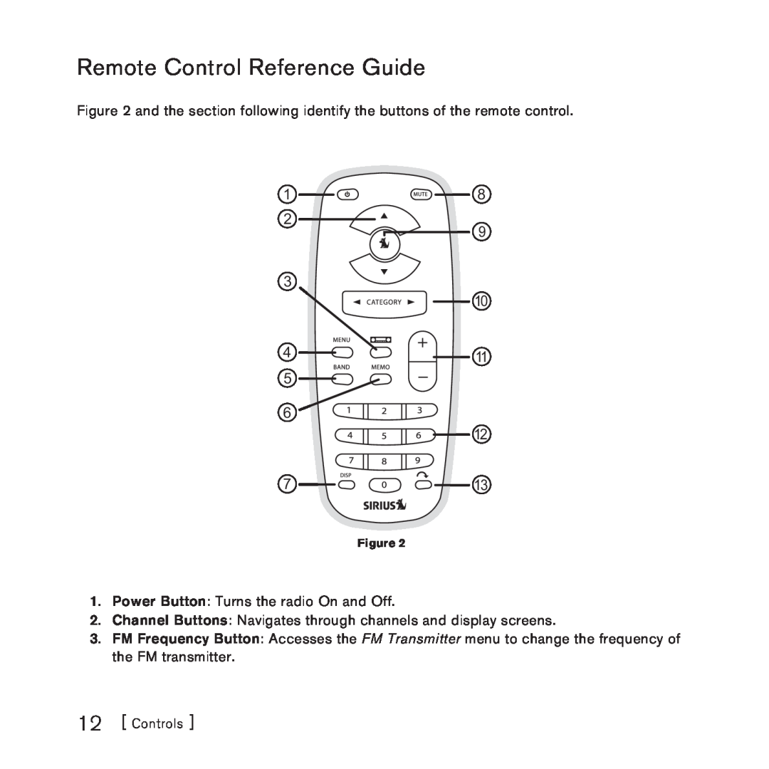 Sirius Satellite Radio manual Remote Control Reference Guide, 1 2 3, 8 9, Power Button Turns the radio On and Off 
