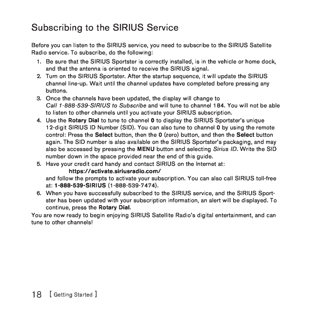 Sirius Satellite Radio 3 manual Subscribing to the SIRIUS Service, Getting Started 