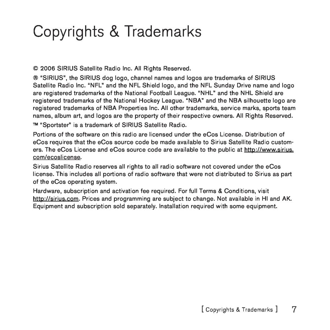 Sirius Satellite Radio 3 manual Copyrights & Trademarks 