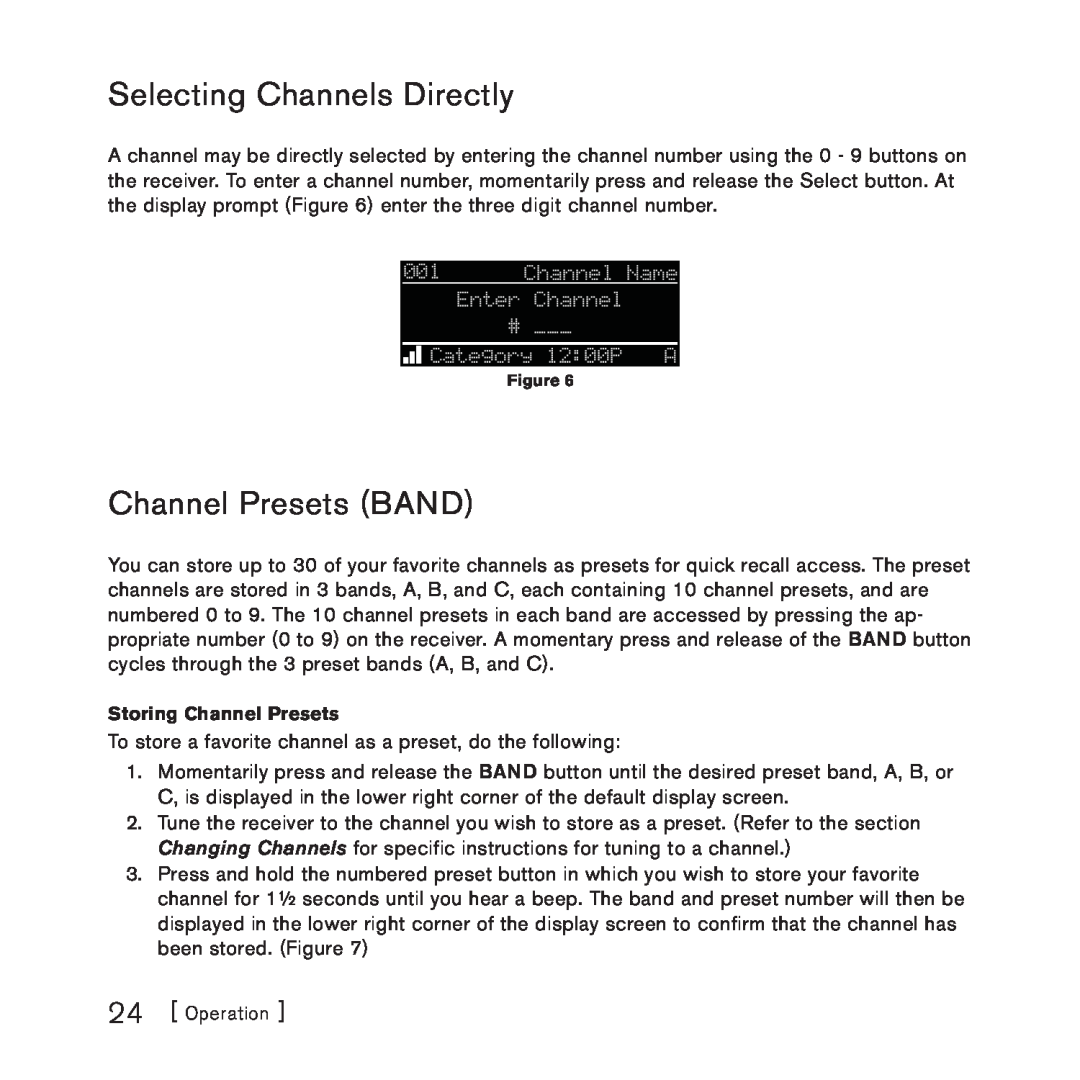 Sirius Satellite Radio 3 manual Selecting Channels Directly, Channel Presets BAND, Storing Channel Presets 