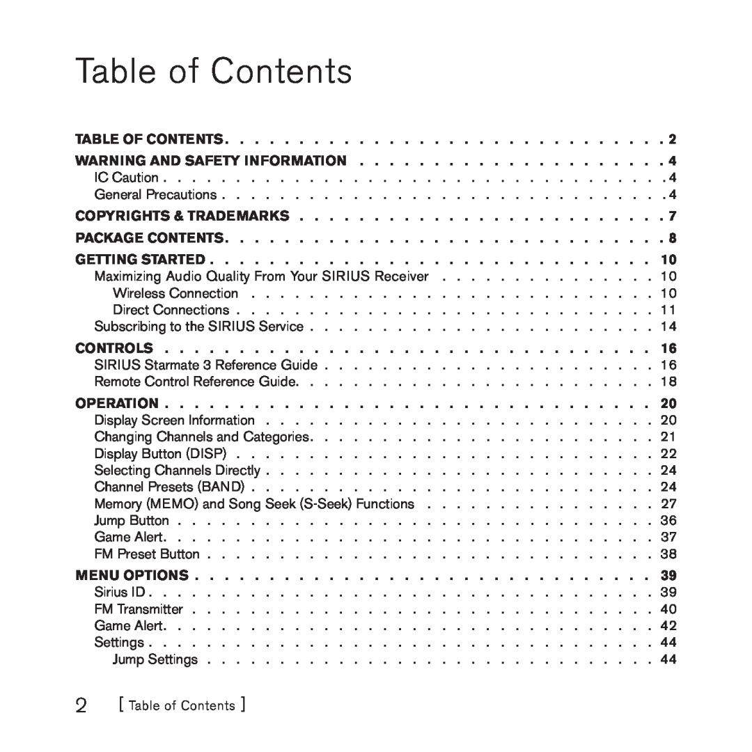 Sirius Satellite Radio 3 manual Table of Contents 