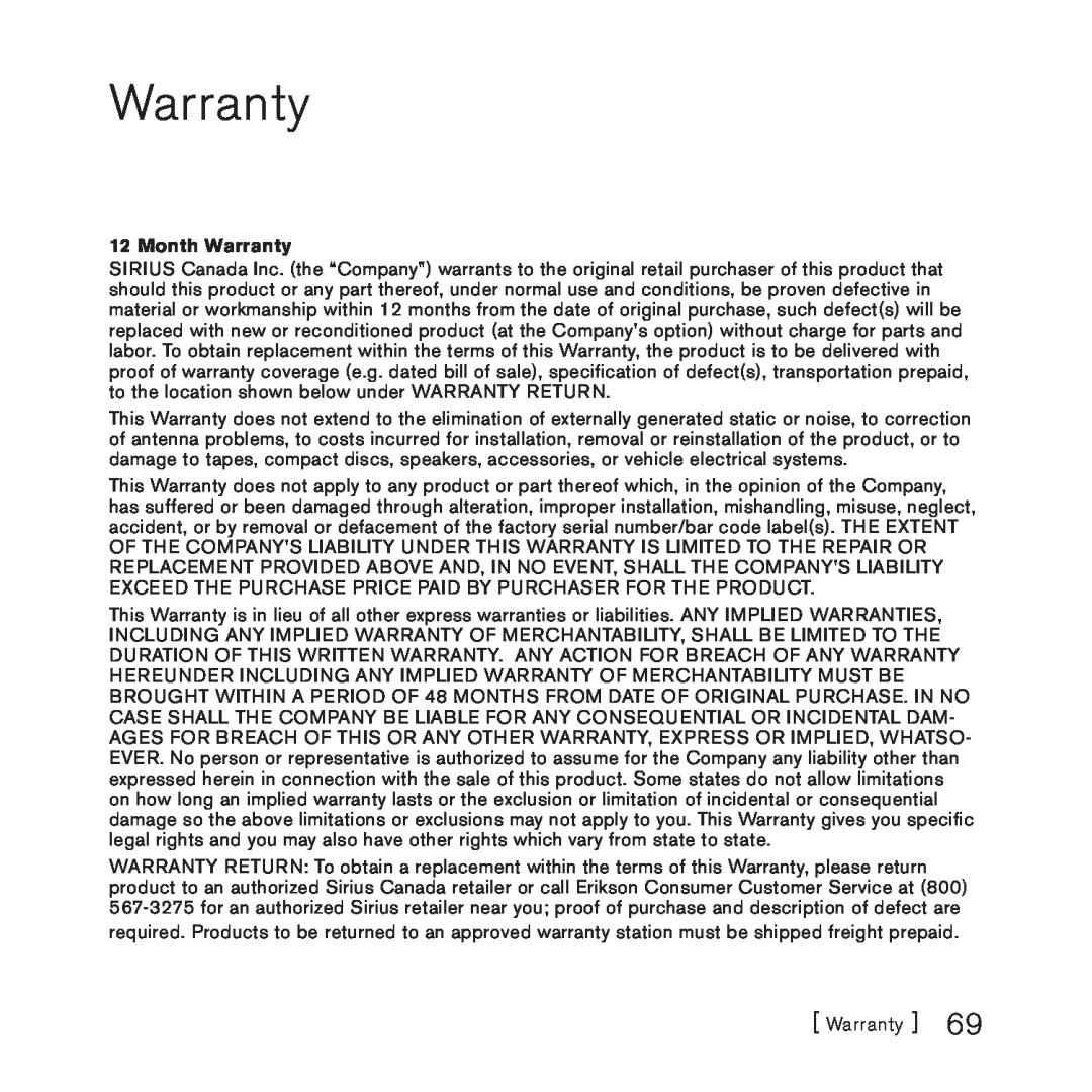 Sirius Satellite Radio 3 manual Month Warranty 