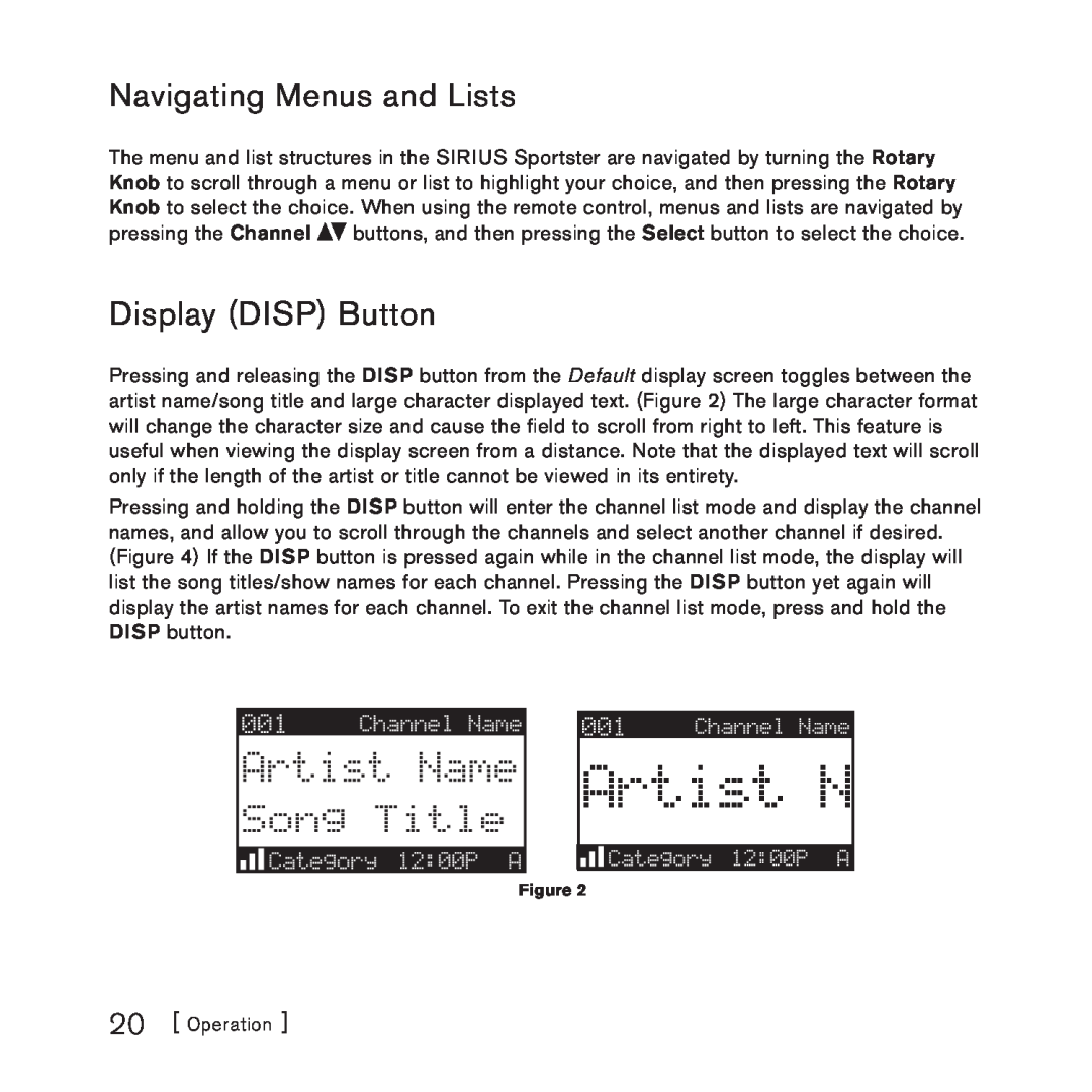 Sirius Satellite Radio 3 manual Navigating Menus and Lists, Display DISP Button, Operation 