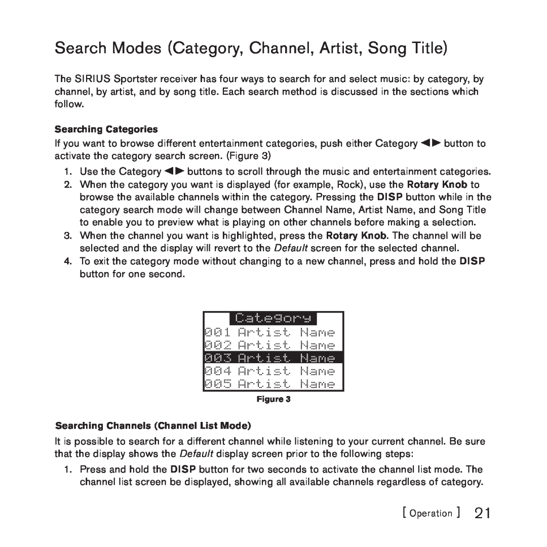 Sirius Satellite Radio 3 manual Searching Categories, Searching Channels Channel List Mode 