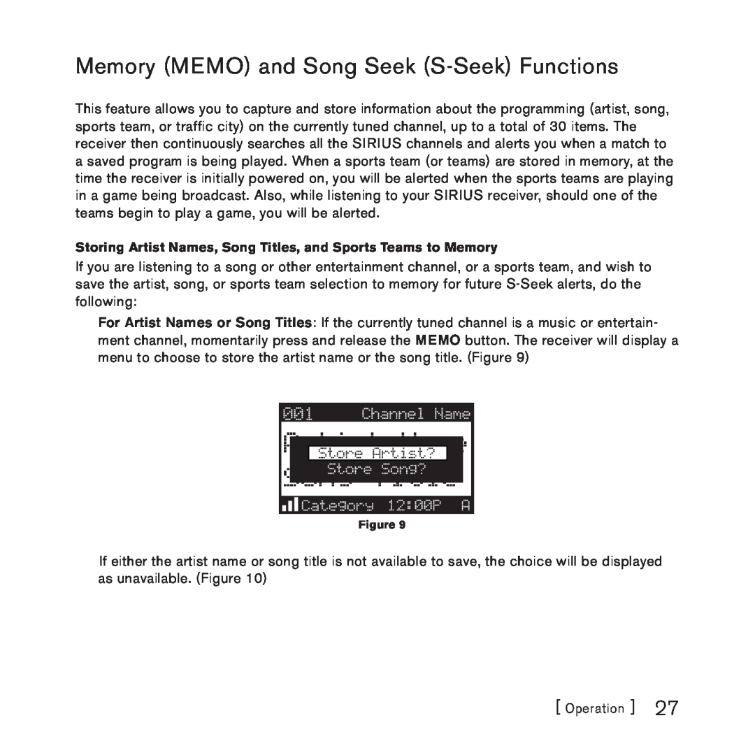 Sirius Satellite Radio 3 manual Memory MEMO and Song Seek S-SeekFunctions 