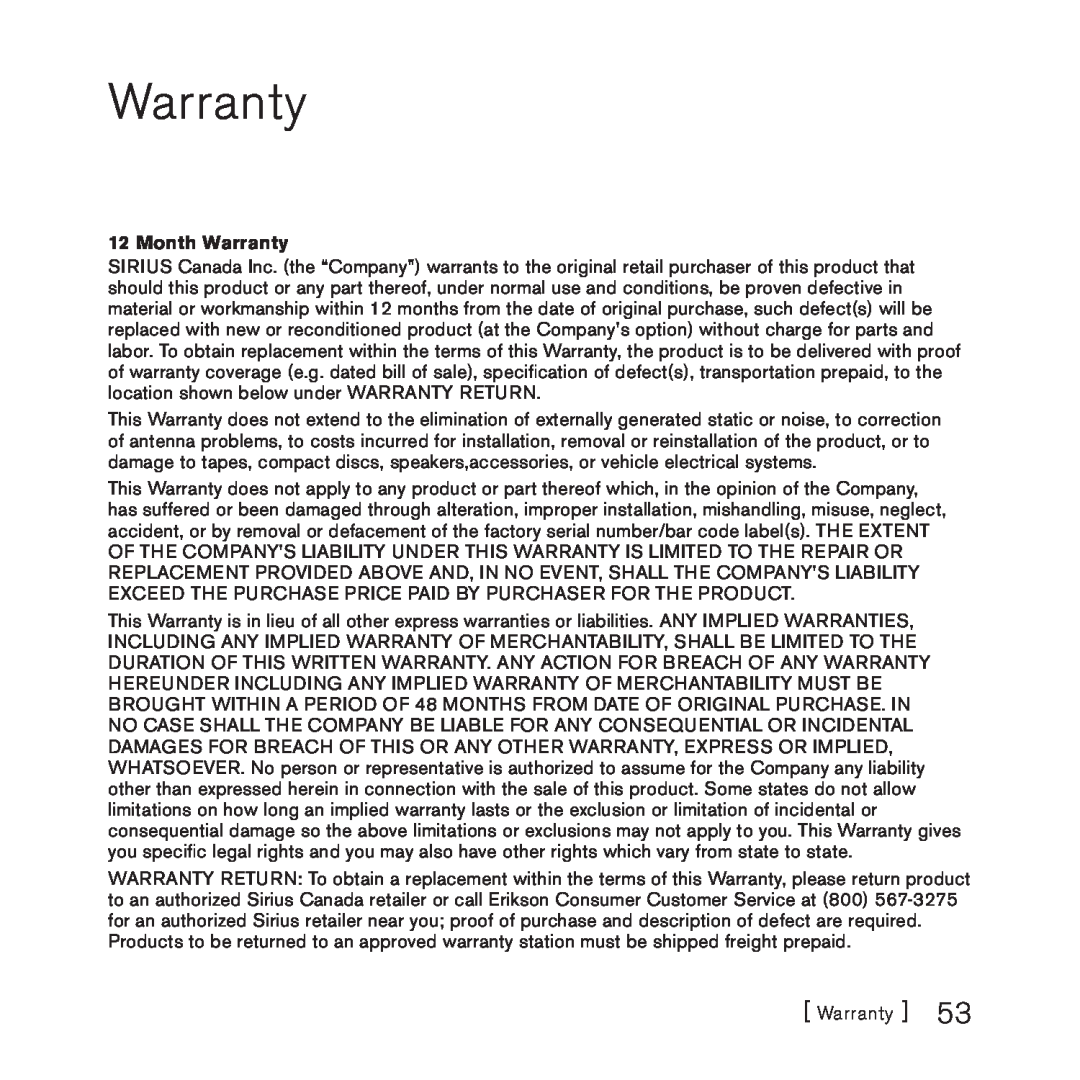 Sirius Satellite Radio 3 manual Month Warranty 