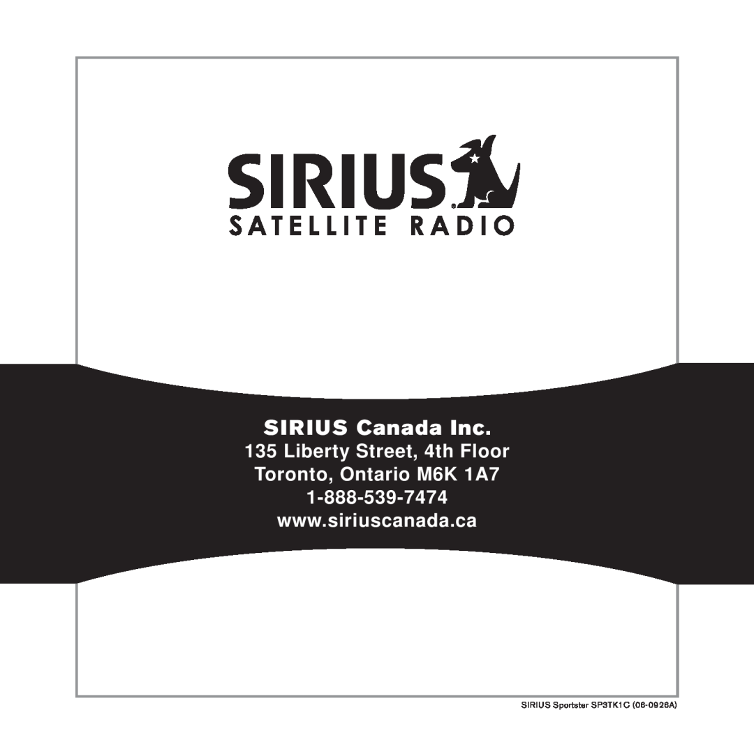 Sirius Satellite Radio manual SIRIUS Canada Inc, SIRIUS Sportster SP3TK1C 06-0926A 