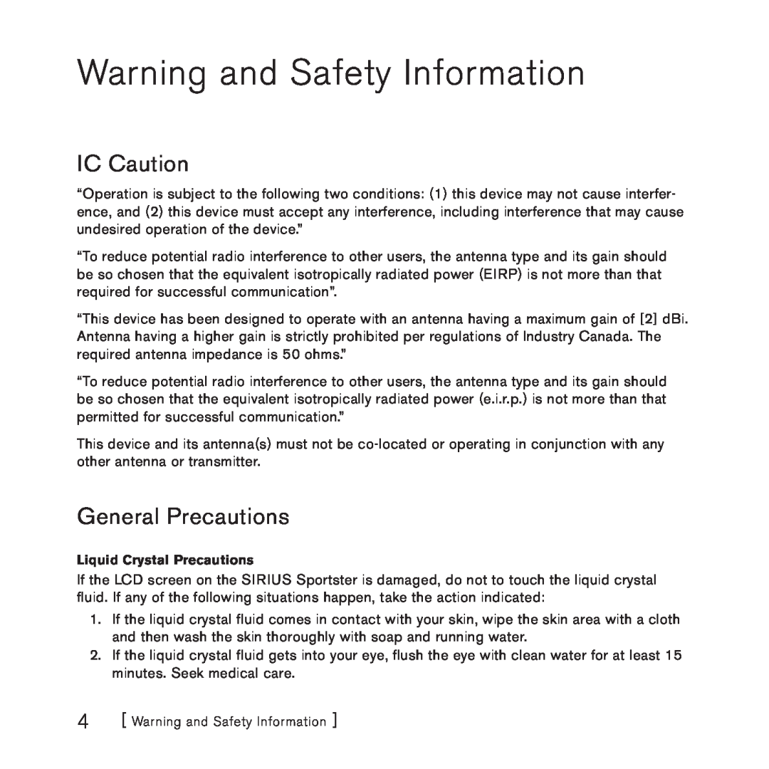 Sirius Satellite Radio 3 manual Warning and Safety Information, IC Caution, General Precautions 