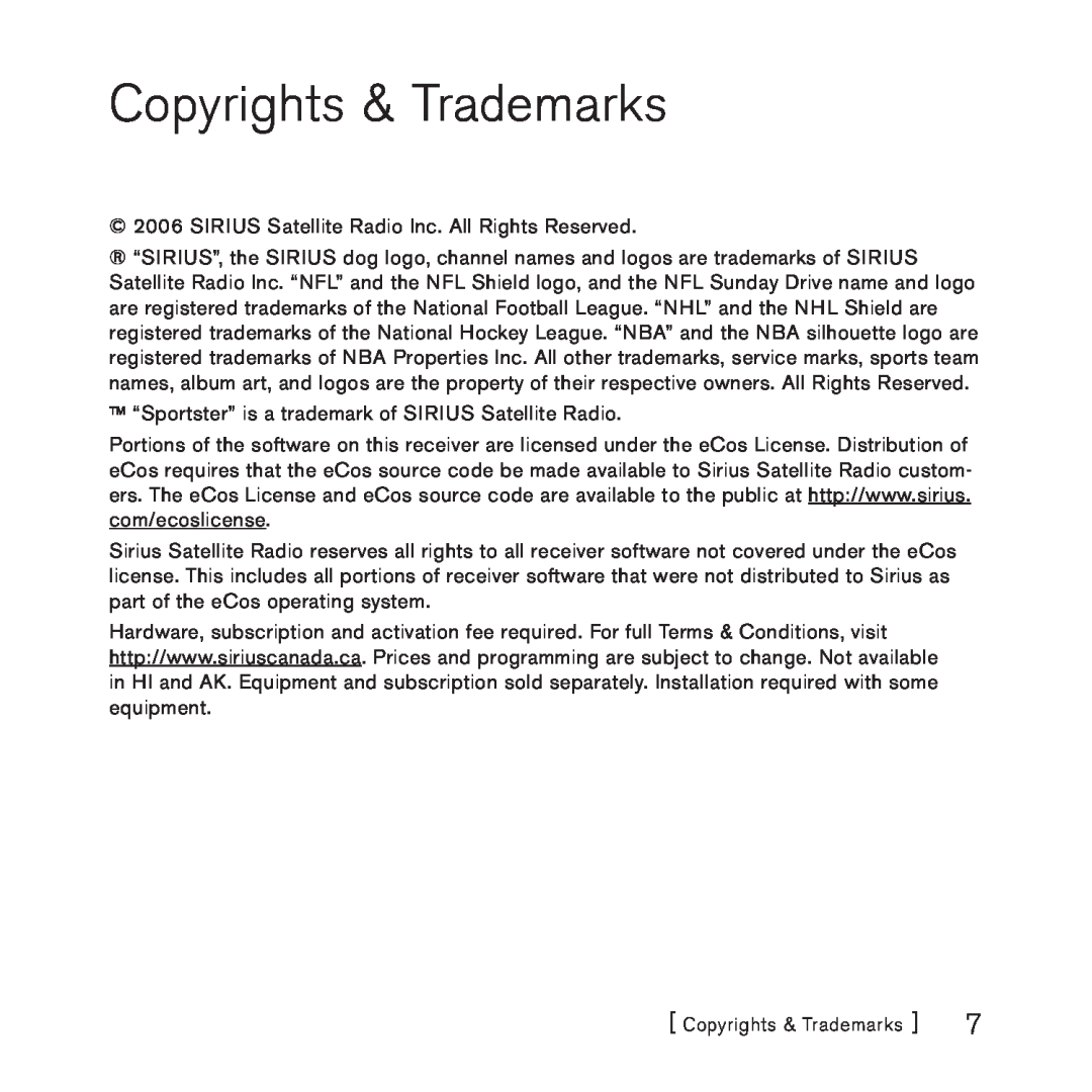 Sirius Satellite Radio 3 manual Copyrights & Trademarks 