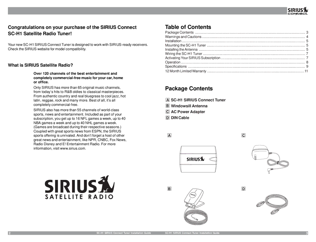 Sirius Satellite Radio 3SIR-ALP10T, SC-H1 manual Table of Contents 