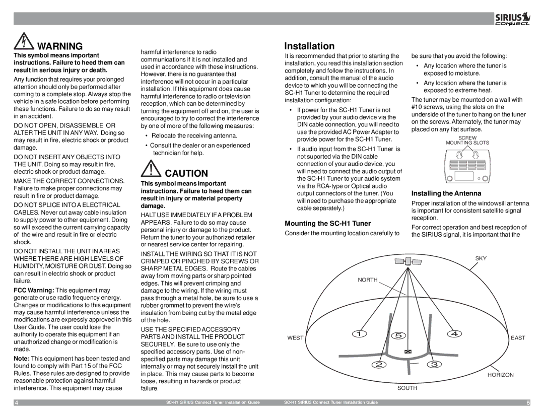Sirius Satellite Radio 3SIR-ALP10T manual Installation, Mounting the SC-H1 Tuner, Installing the Antenna 