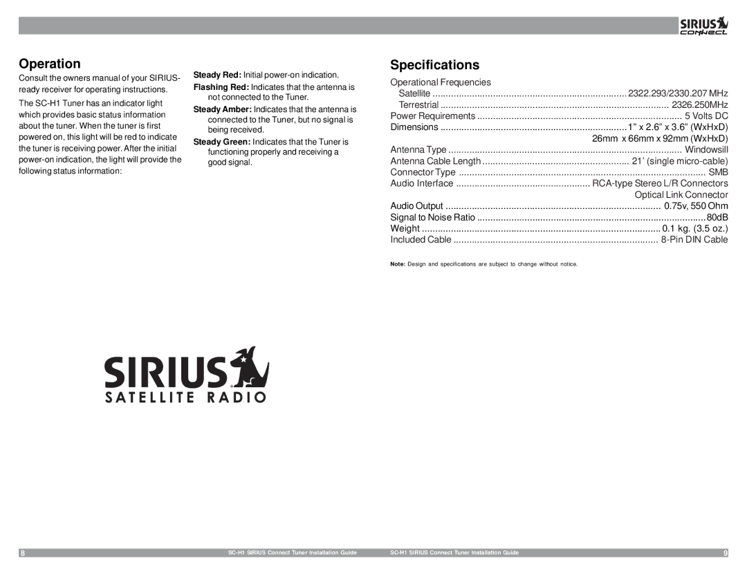 Sirius Satellite Radio SC-H1, 3SIR-ALP10T manual Operation, Specifications 