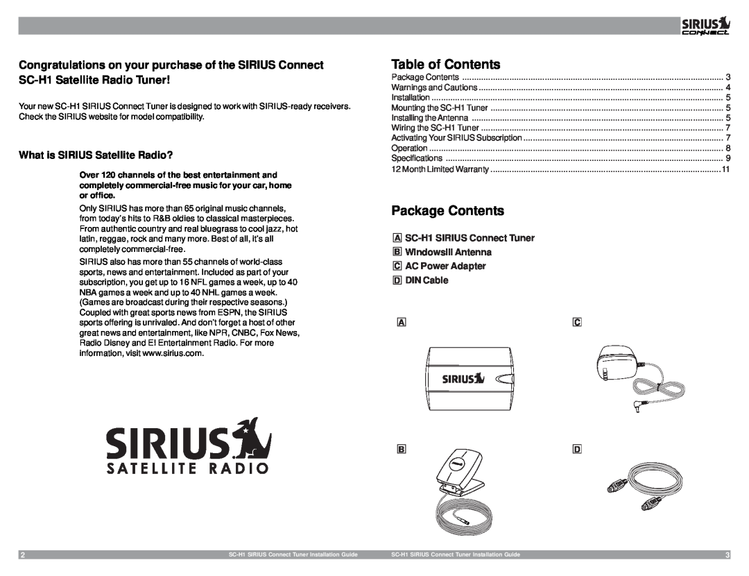 Sirius Satellite Radio 3SIR-ALP10T Table of Contents, Package Contents, ASC-H1SIRIUS Connect Tuner BWindowsill Antenna 
