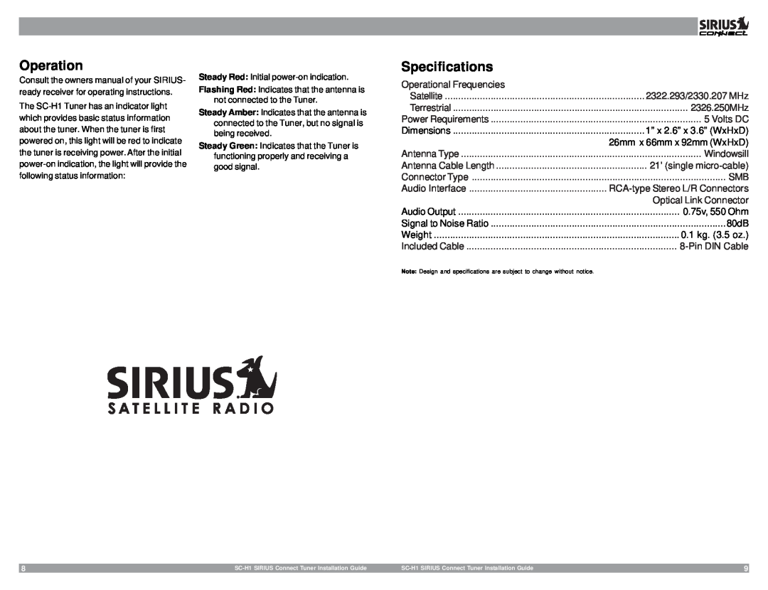 Sirius Satellite Radio SC-H1, 3SIR-ALP10T manual Operation, Specifications 
