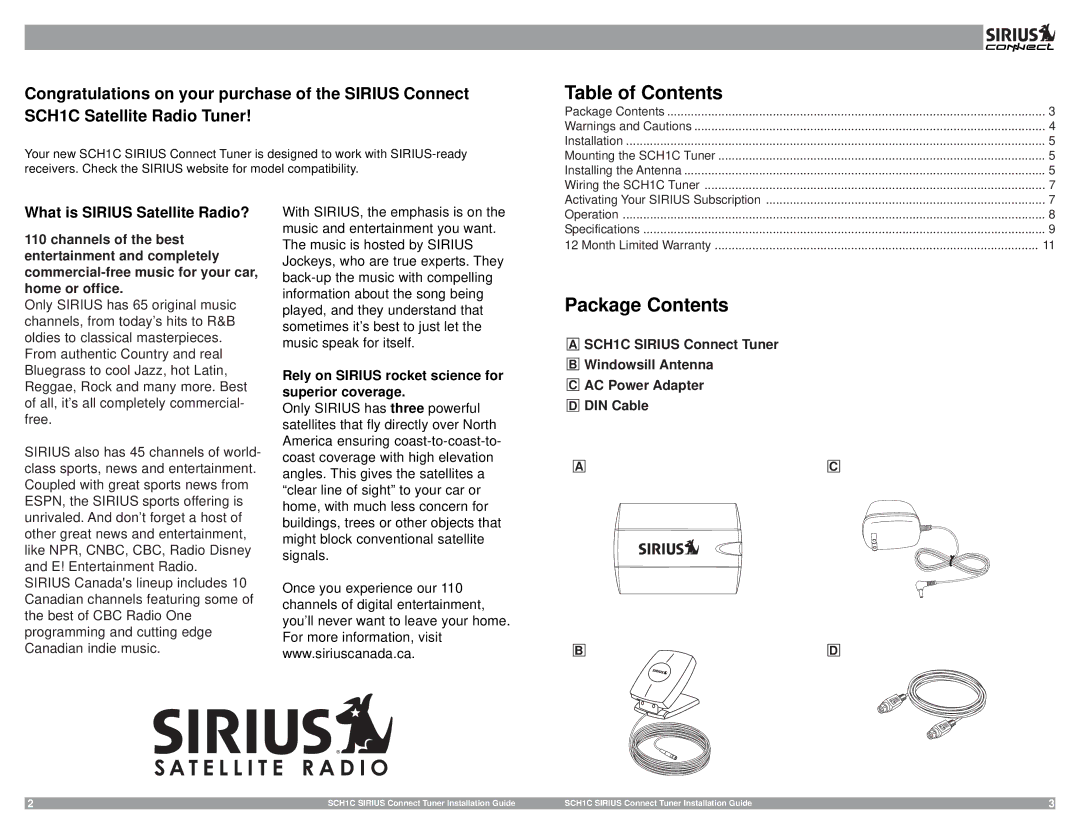 Sirius Satellite Radio 3SIR-ALP10T manual Table of Contents 