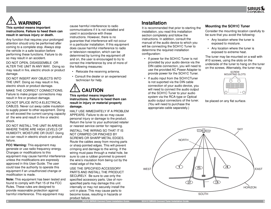 Sirius Satellite Radio 3SIR-ALP10T manual Installation, Mounting the SCH1C Tuner 